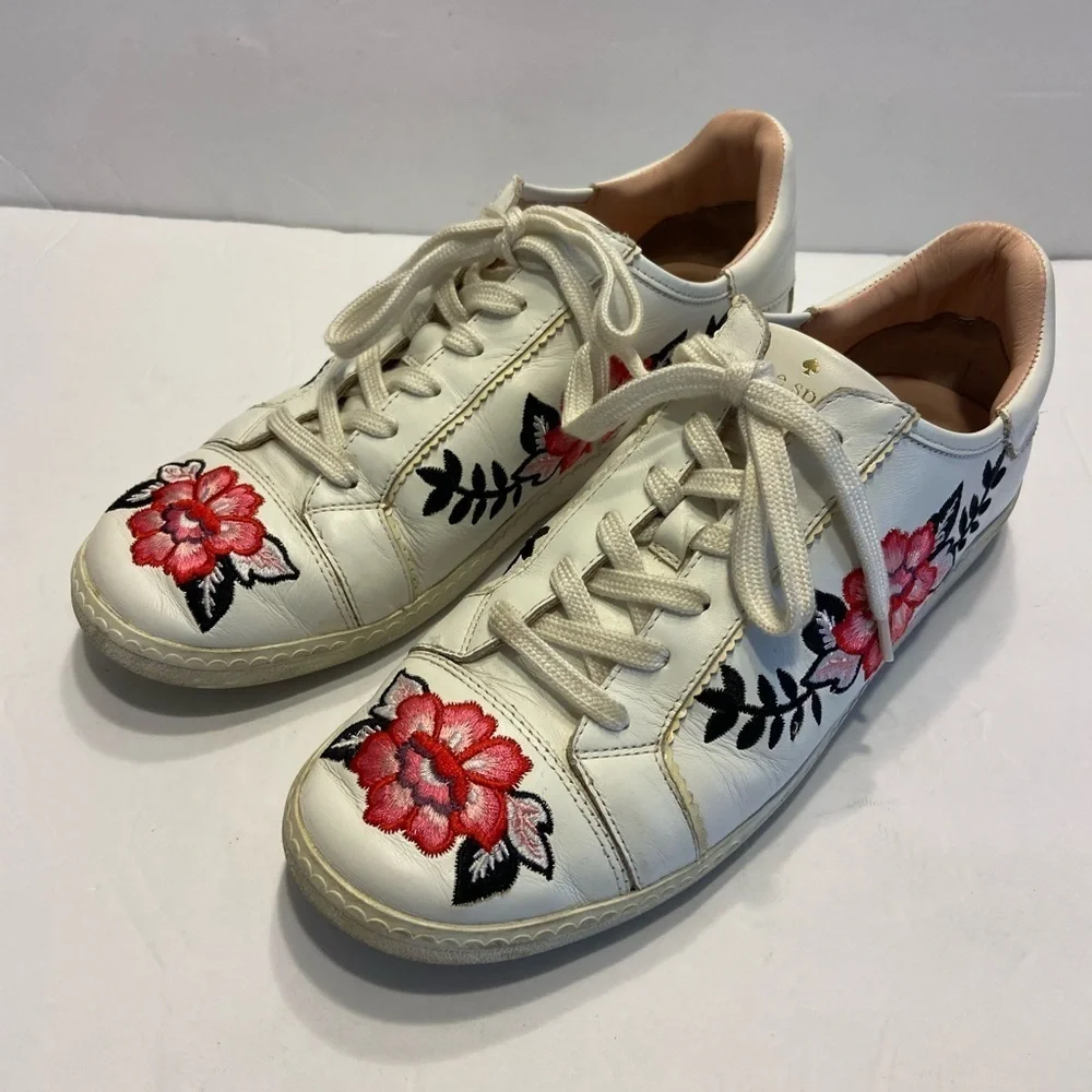 KATE SPADE EVERHART FLORAL LEATHER SHOES EMBROIDERED WHITE SNEAKERS SIZE 9.5